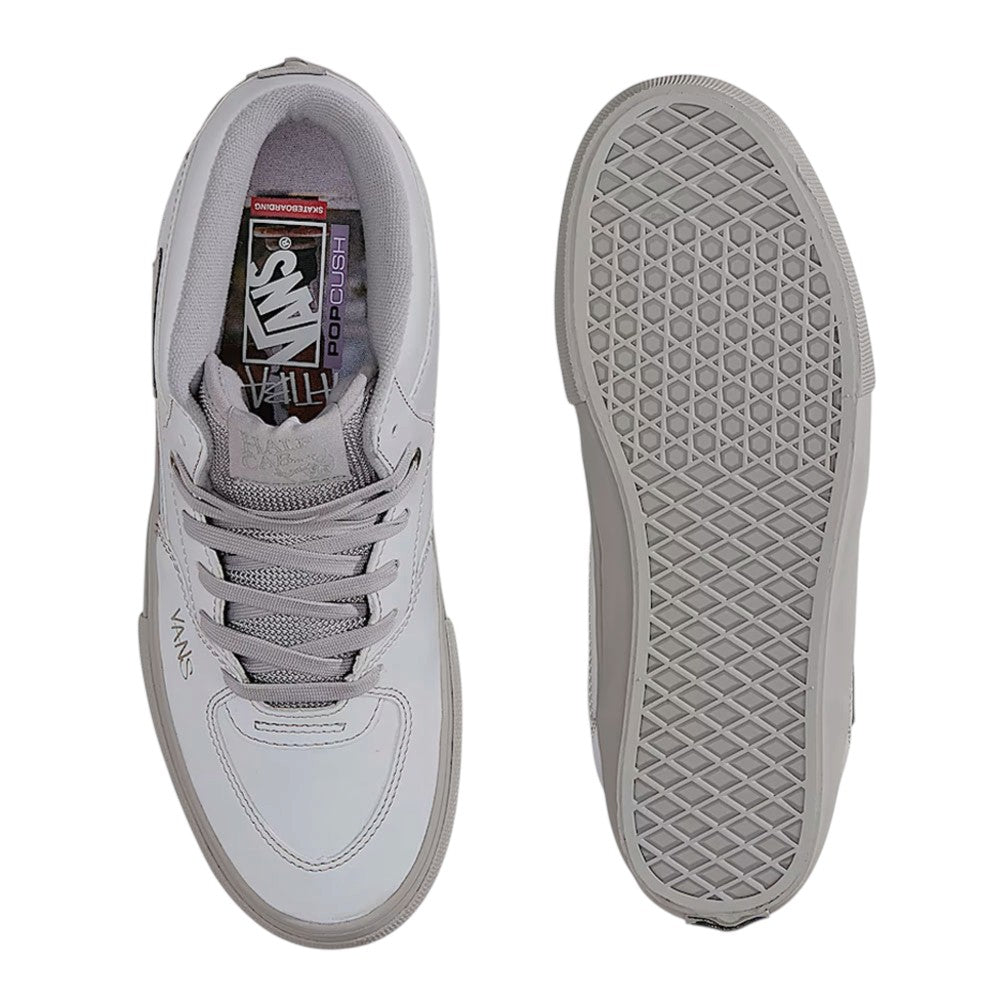 Top-down view of Atiba Vans Skate Half Cab Light Gray VN0A5FCDBH71 Suede Skateboarding Shoes, shown from the top and bottom.