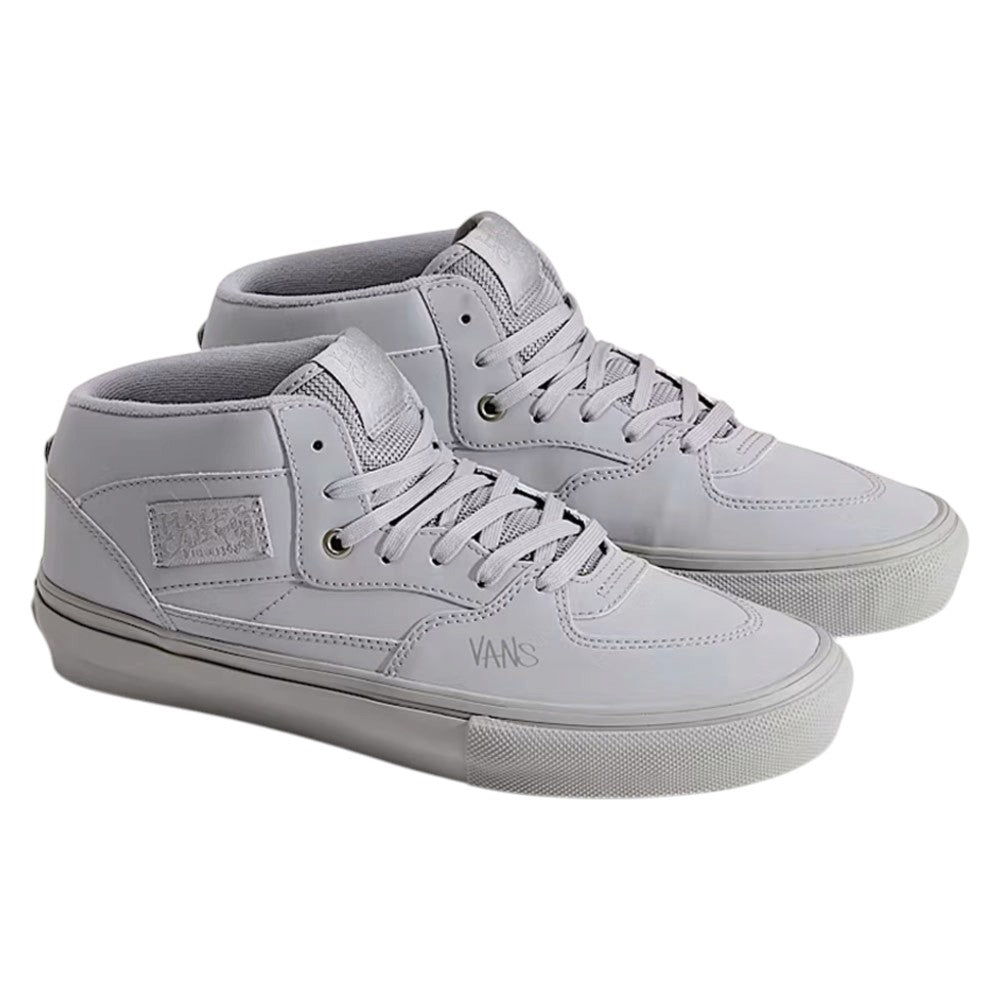 Atiba Vans Skate Half Cab Light Gray VN0A5FCDBH71 suede mid-top skate shoes featuring matching laces, vulcanized rubber soles, and a stitched side patch.