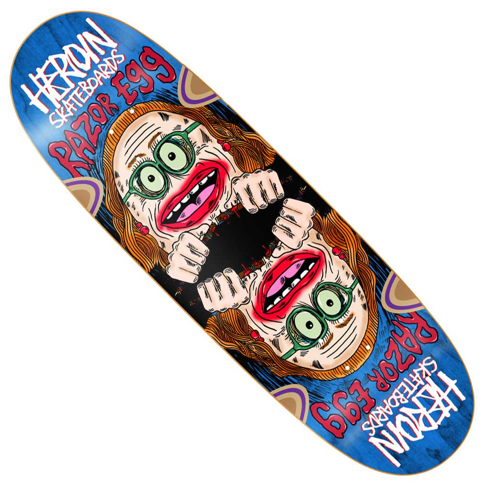 The Auntie Razoregg 9.75 Heroin Skateboards Deck Shaped features colorful, cartoon-style art with a mirrored, wide-eyed screaming face, bold text on blue, a custom shape, and durable 7-ply hard rock maple construction.
