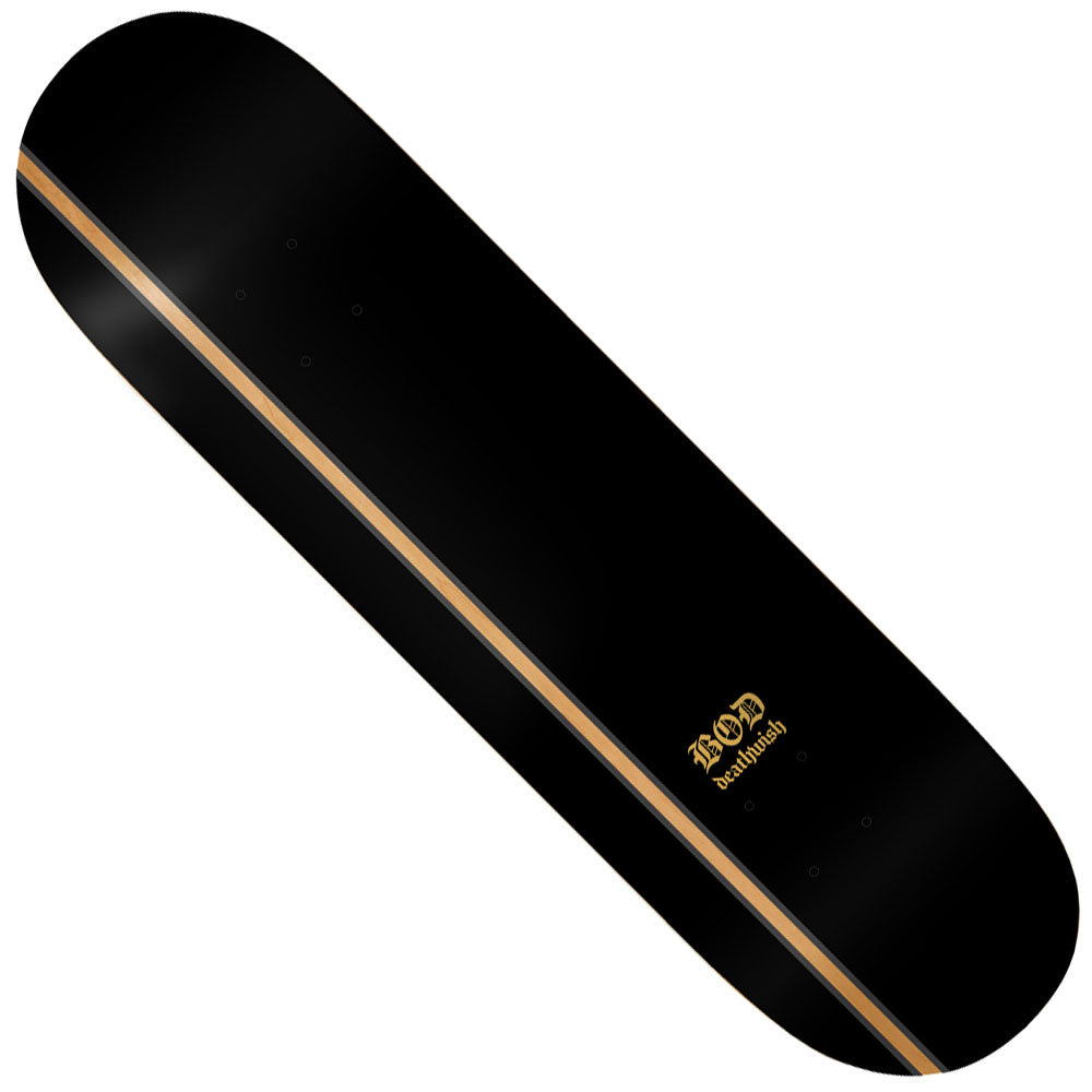The BOD Reckoning 8.38x32.1 Deathwish Deck is a black skateboard featuring a thin light brown center stripe and a small gold WOOD Stability logo near one end.