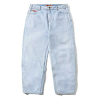 Baggy Light Blue Denim Jeans from Butter Goods in a relaxed, straight-leg fit with five pockets and orange stitching, laid flat on a white background.