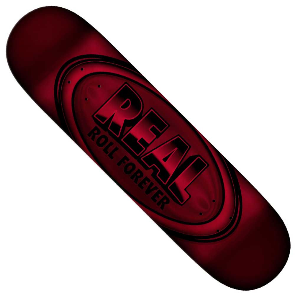 The Basalt Construction DBX 8.38x32.25 Oval Red Foil Real Skateboard Deck is lightweight, features a dark red and black design with bold REAL and ROLL FOREVER text, and uses innovative DBX basalt technology for enhanced performance.