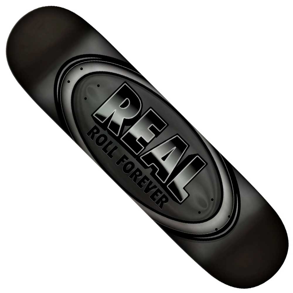 The Basalt Construction DBX 8.5x31.7 Oval Silver Foil Real Skateboard Deck features a black, lightweight build with a glossy finish and metallic oval center design displaying “REAL ROLL FOREVER” in bold capitals for modern style.
