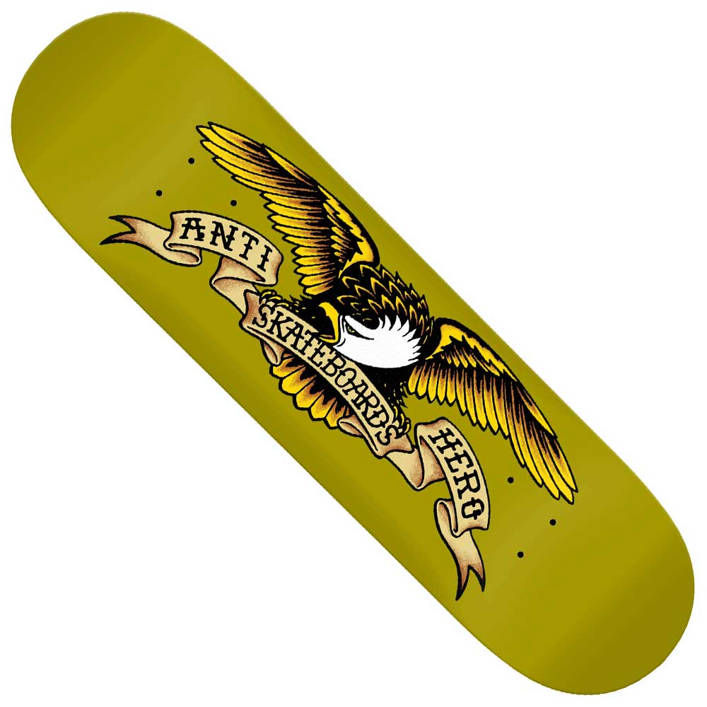 The Basalt Construction DBX 8.62x32.5 Greenish Anti Hero Skateboard Deck features a lightweight design and an illustrated eagle clutching a tan ribbon that reads "ANTI" and "SKATEBOARD HERO" in bold, black letters.