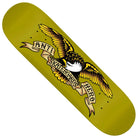 The Basalt Construction DBX 8.62x32.5 Greenish Anti Hero Skateboard Deck features a lightweight design and an illustrated eagle clutching a tan ribbon that reads "ANTI" and "SKATEBOARD HERO" in bold, black letters.
