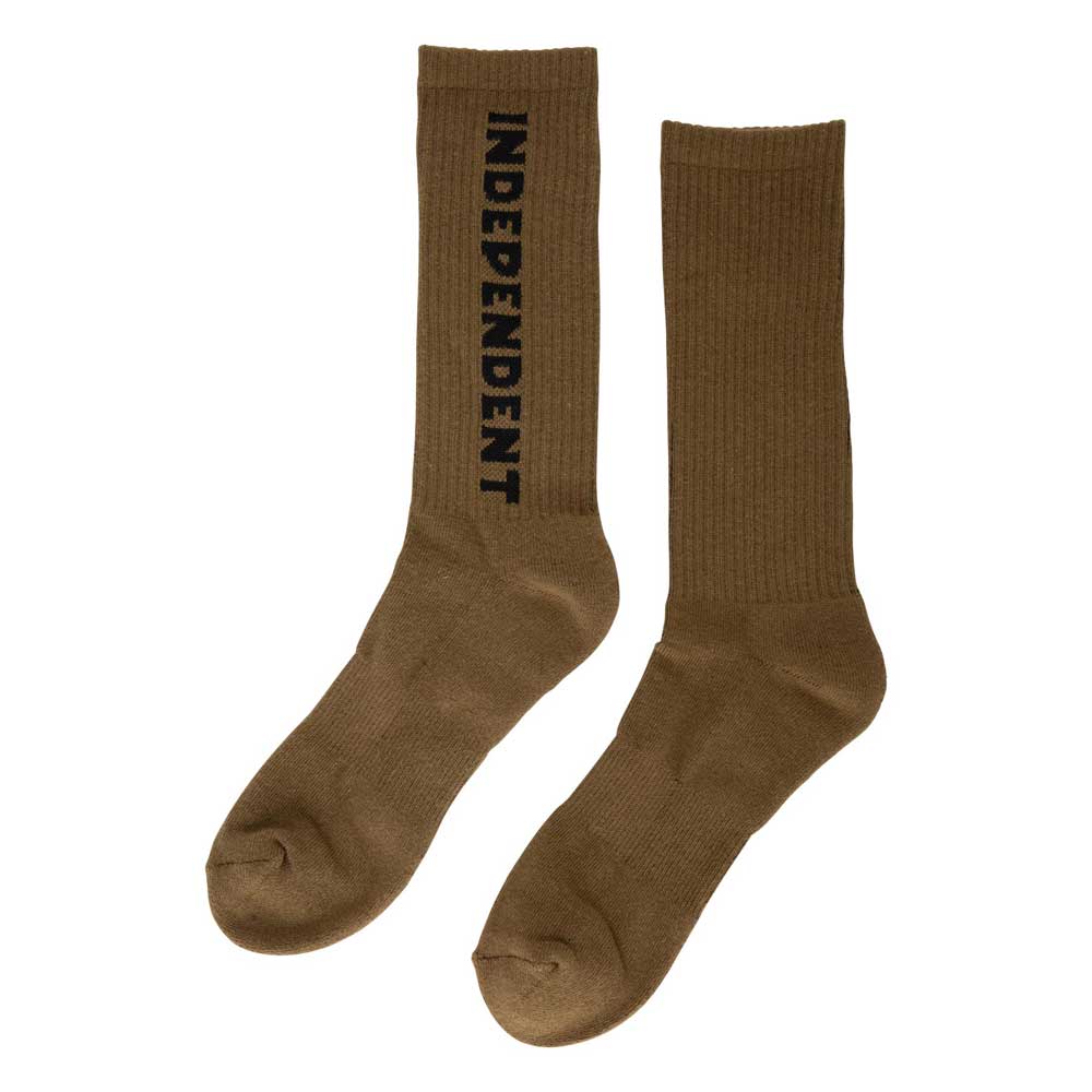 The Baseline Mid Crew Socks in Dark Chocolate (Men’s size 9-11) feature “INDEPENDENT” in bold black letters down the side and a ribbed top, making them perfect for Independent Trucks fans.