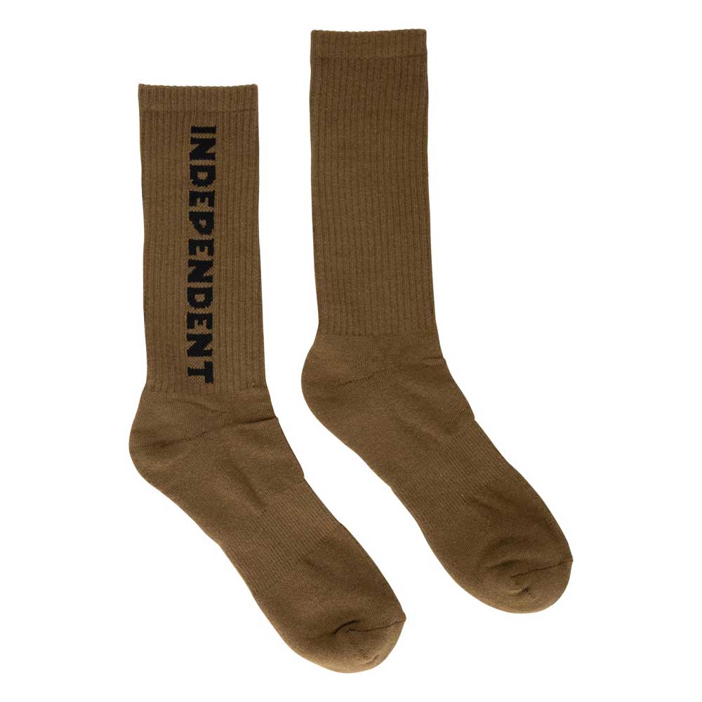 A pair of Baseline Mid Crew Socks in dark chocolate, size 9-11, with "INDEPENDENT" printed vertically in black on each side—ideal for fans of Independent Trucks. Laid flat on a white background.