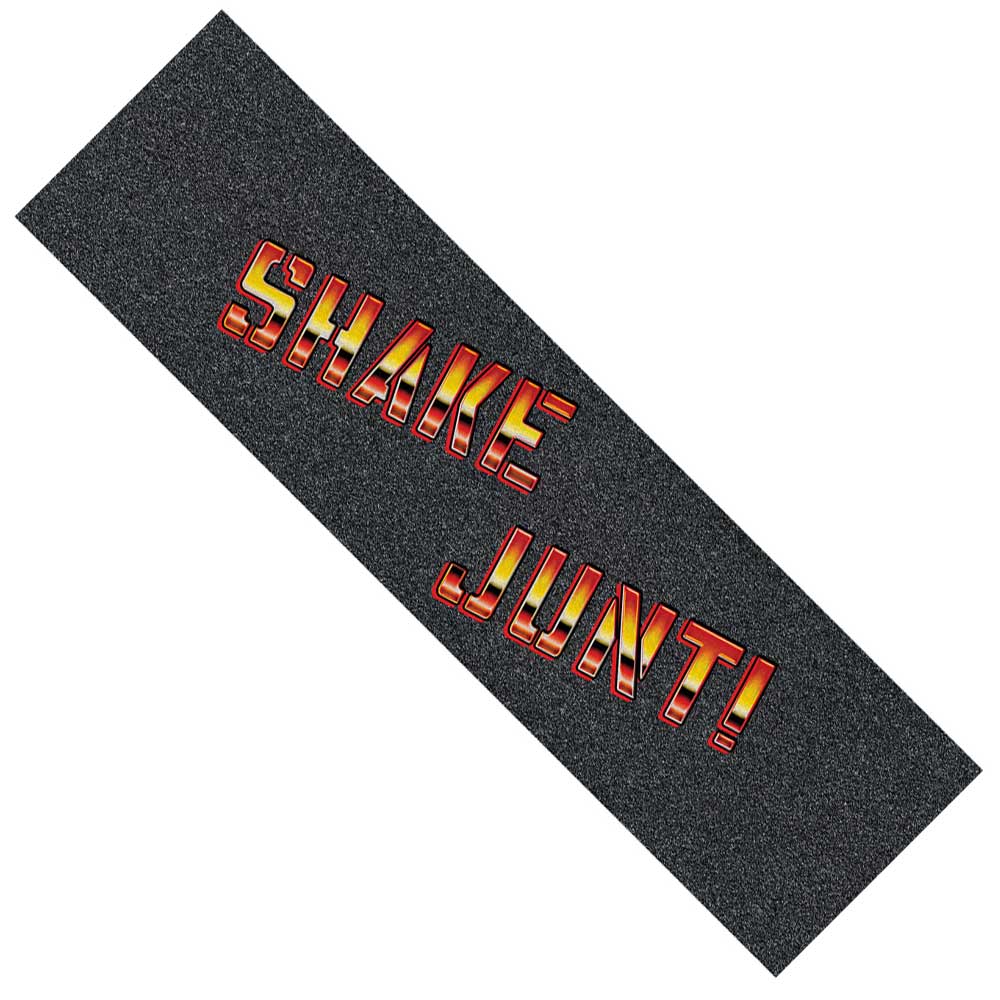 A Big Spray Red Chrome Shake Junt MOB Griptape in black features bold yellow and red gradient “SHAKE JUNT!” lettering and measures 9 inches by 33 inches.