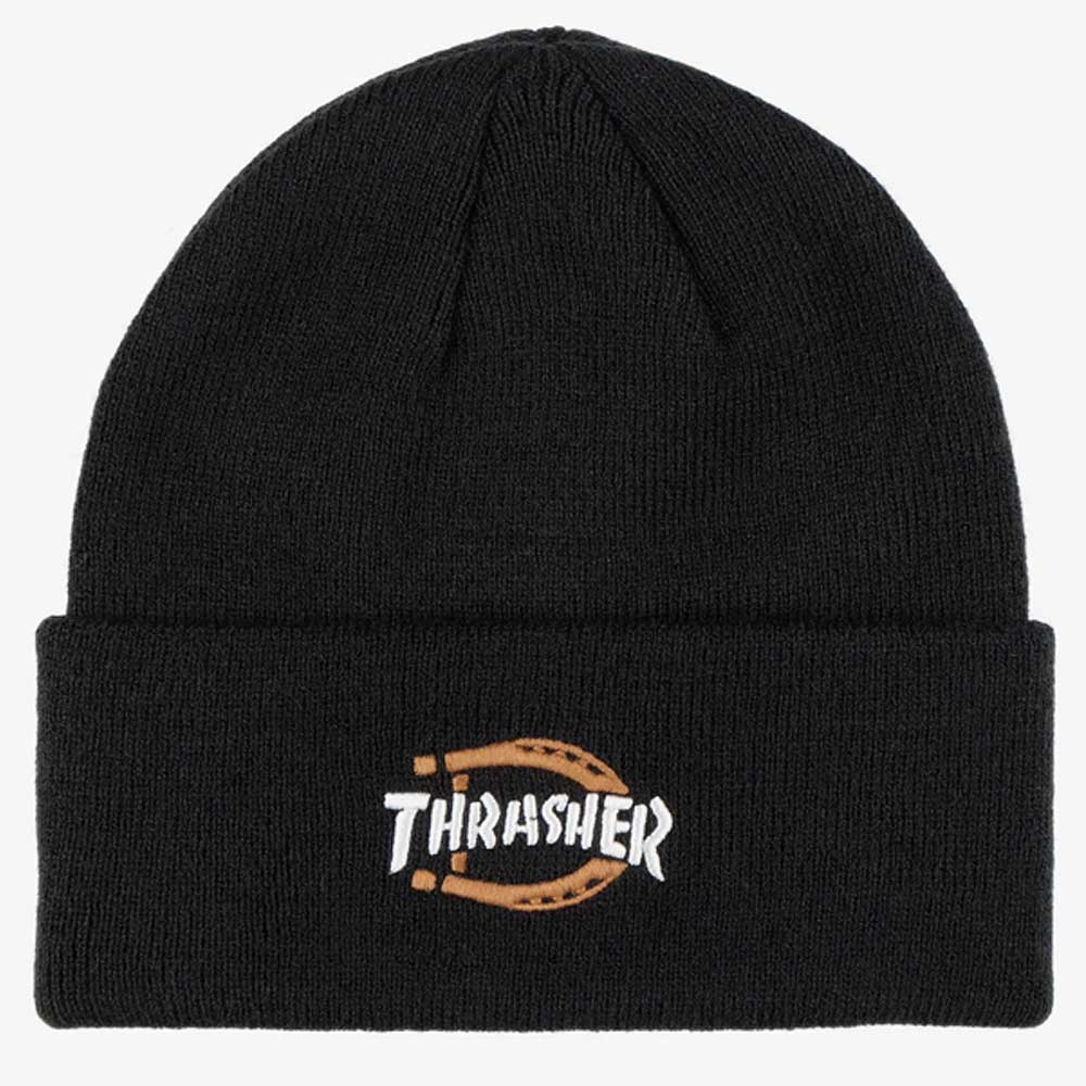The Black Beanie Thrasher Magazine x Dickies Skateboarding A8KV BLK features a white and yellow embroidered logo with a bold, stylized horseshoe design on the front.