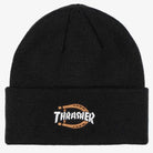 The Black Beanie Thrasher Magazine x Dickies Skateboarding A8KV BLK features a white and yellow embroidered logo with a bold, stylized horseshoe design on the front.