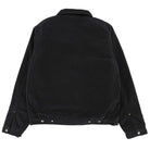 The Black Jacket Thrasher Magazine x Dickies Skateboarding A88CE BLK features long sleeves, a collar, adjustable snap button cuffs and waist, and is made from sturdy, smooth stonewashed canvas, shown here from the back.