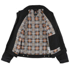 The Black Jacket Thrasher Magazine x Dickies Skateboarding A88CE BLK is shown open to reveal a plaid lining with gray, beige, orange, and dark squares in a geometric pattern. The brand label appears at the neck.
