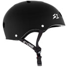 The Black Matte MEGA Lifer S1 Helmet S ONE CPSC features ventilation holes, an adjustable chin strap, the white S1 logo on the side, and is made with EPS Fusion Foam for dual certified protection.