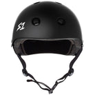 The Black Matte MEGA Lifer S1 Helmet S ONE CPSC features a matte black finish, dual certification, ventilation holes, a white S1 logo, EPS Fusion Foam padding, and an adjustable chin strap—ideal for skateboarders prioritizing safety and style.