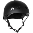 The Black Matte MEGA Lifer S1 Helmet S ONE CPSC features multiple ventilation holes, adjustable chin straps, the white S1 logo on the side, and EPS Fusion Foam for enhanced protection.