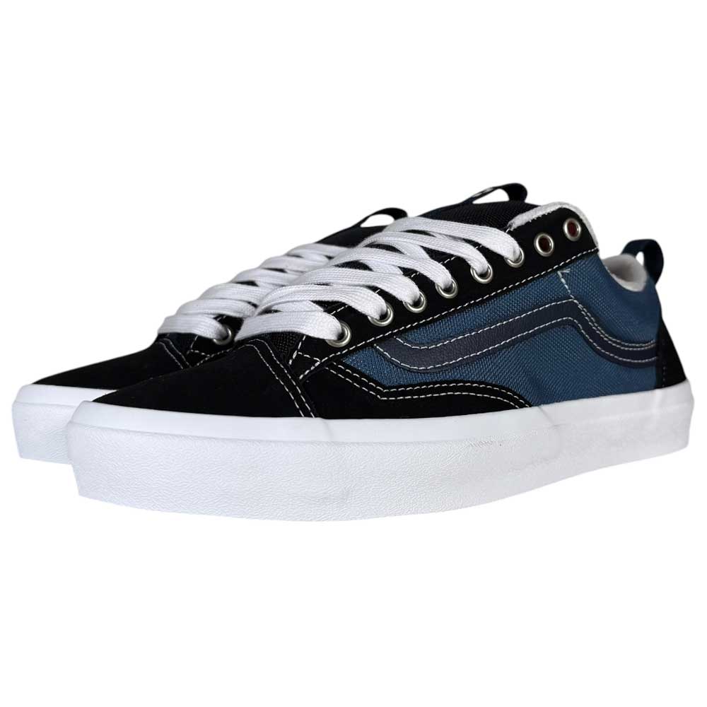 The Black Navy Skate Old Skool 36+ Vans Suede Shoes feature black and navy suede panels, white stitching and laces, thick white rubber soles, metal eyelets, and a pull tab at the heel, inspired by classic Vans Skate Old Skool design.