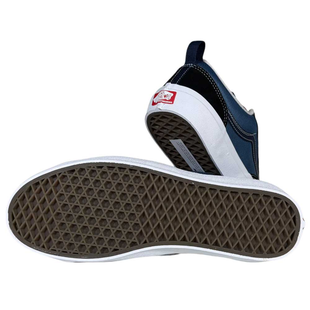 A pair of Black Navy Skate Old Skool 36+ Vans Suede Shoes is displayed—one upright showing the back, and the other on its side revealing the brown waffle-patterned sole of these classic skateboard sneakers.