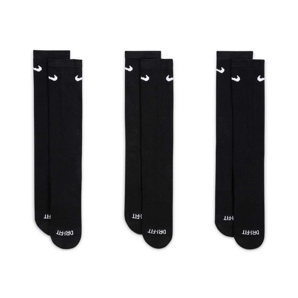 Three pairs of Black Nike SB Socks Crew 3 Pack SX6888010, featuring white Nike swoosh logos near the top and Dri-FIT text on the toes, are arranged side by side on a white background.