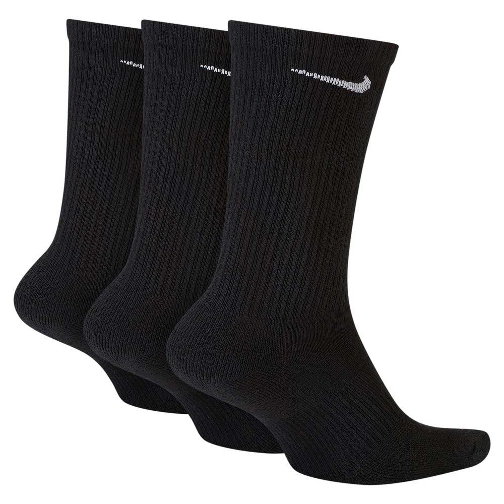 Three pairs of Black Nike SB Socks Crew 3 Pack SX6888010, featuring ribbed texture, white Nike swoosh near the top, and Dri-FIT technology. The socks are arranged side by side, facing to the right.
