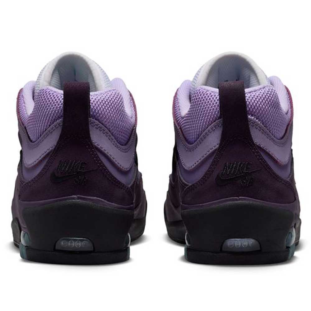 The Black Noble Purple IR1887500 Air MAX Ishod Nike SB Skateboarding Shoes feature a purple gradient upper inspired by Air Max Ishod, visible Nike SB logos on the back, and dark soles.