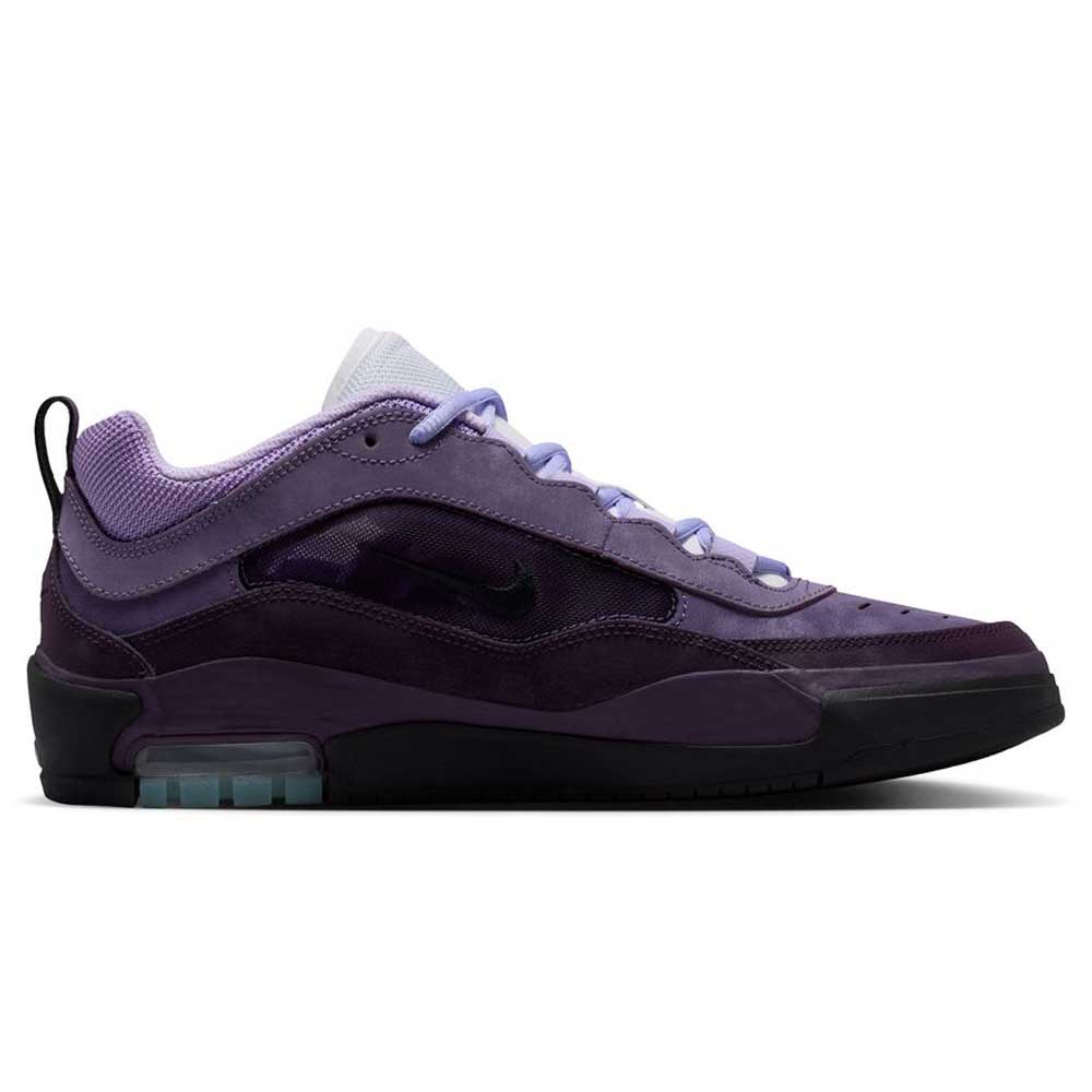 The Black Noble Purple IR1887500 Air MAX Ishod Nike SB Skateboarding Shoes feature various purple shades on the upper, a black outsole, light blue lace eyelets, and Max Air cushioning for comfort. Inspired by the iconic Air Max Ishod design.