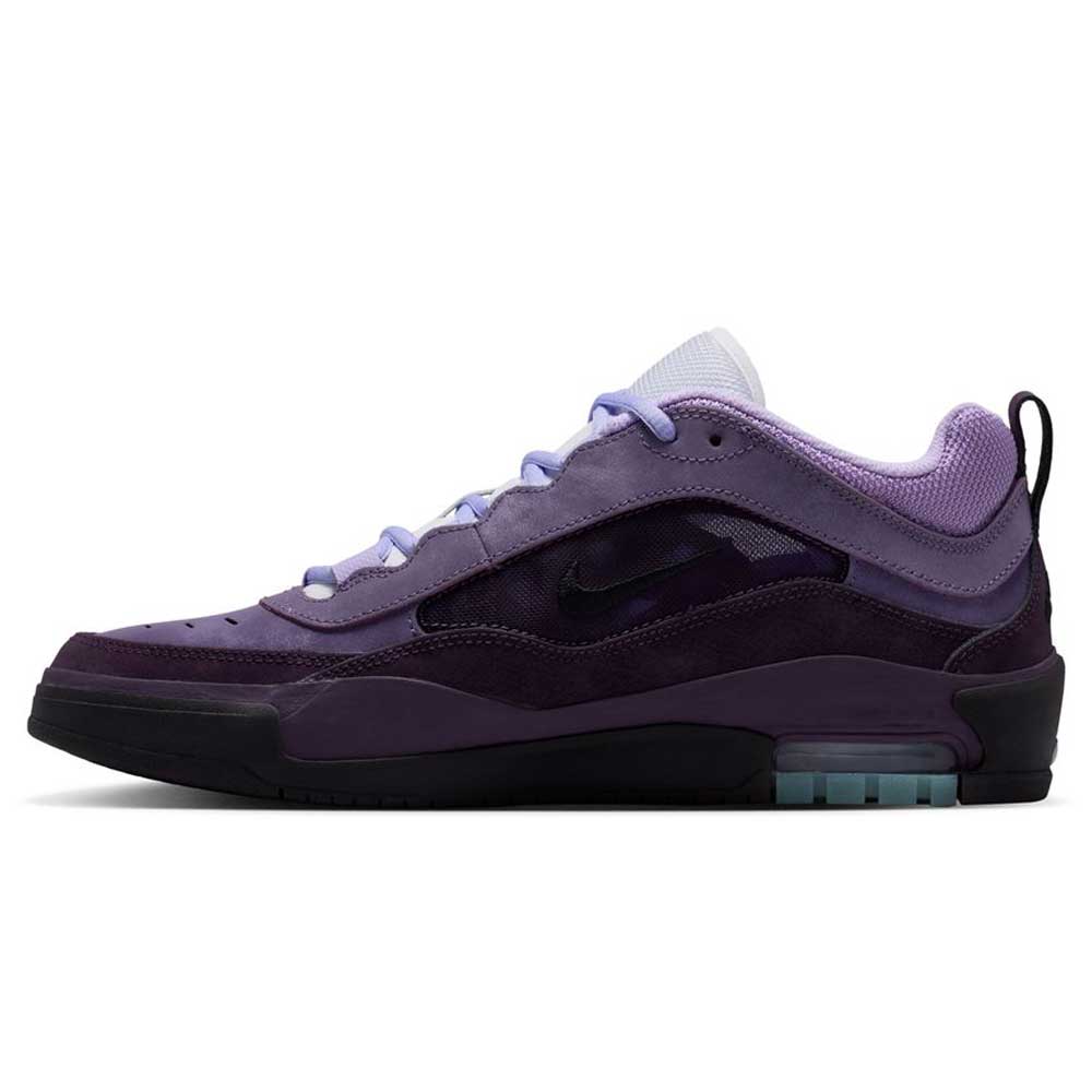 The Black Noble Purple IR1887500 Air MAX Ishod Nike SB Skateboarding Shoes feature a low-top design with black and lavender suede and mesh panels, black sole, and visible Max Air cushioning in the heel.