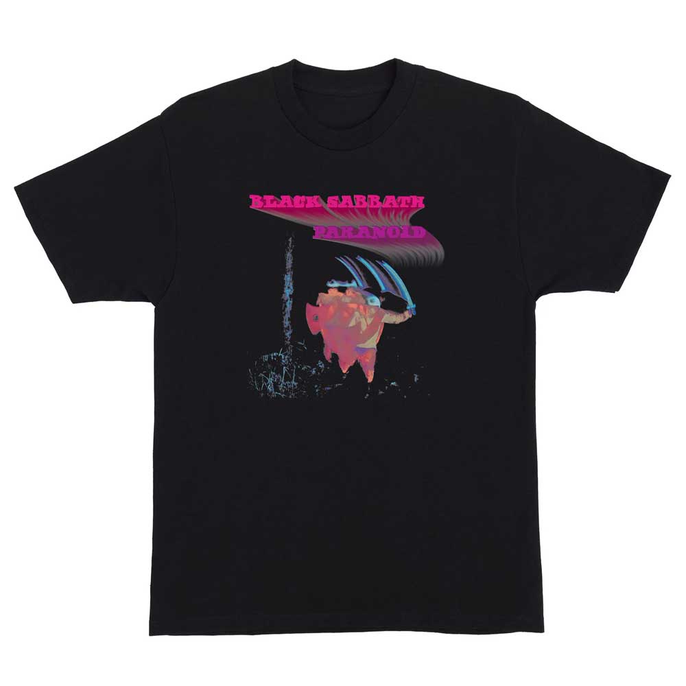 The Black Sabbath Paranoid OJ Heavyweight T-Shirt features bold Paranoid album art with pink text and a stylized blue and red figure. This black short-sleeve tee is the perfect addition to any OJ Wheels fan's apparel collection.