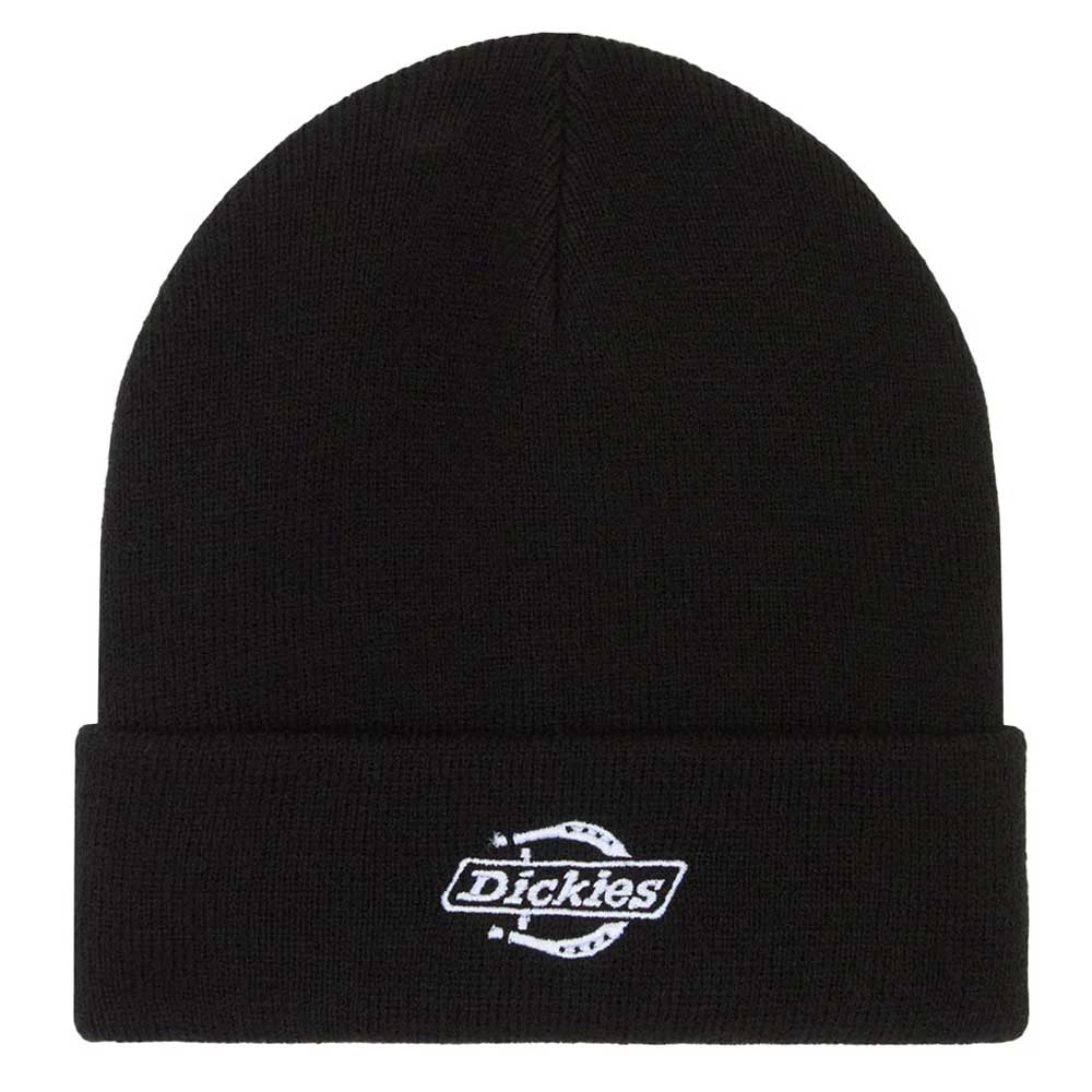 The Black Summerdale Beanie Dickies Skateboarding A87NG BLK features a black knit with a folded cuff and white Dickies logo embroidered on the front, crafted from premium materials for comfort and style.