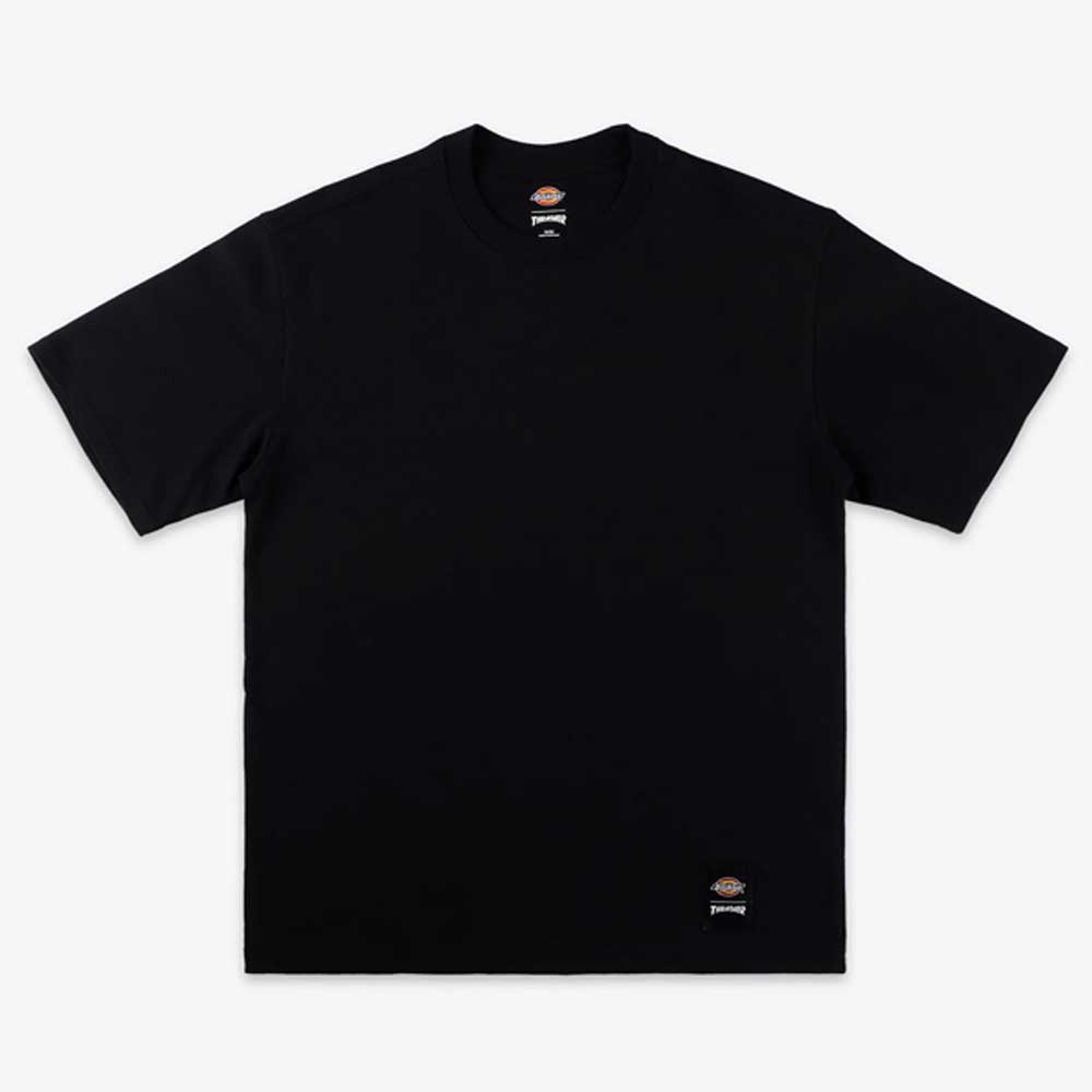 The Black Tee Thrasher Magazine x Dickies Skateboarding A88IU BLK is a plain black, relaxed-fit short-sleeve t-shirt made from 100% cotton, with a small Dickies logo patch near the bottom hem and another logo inside the collar.
