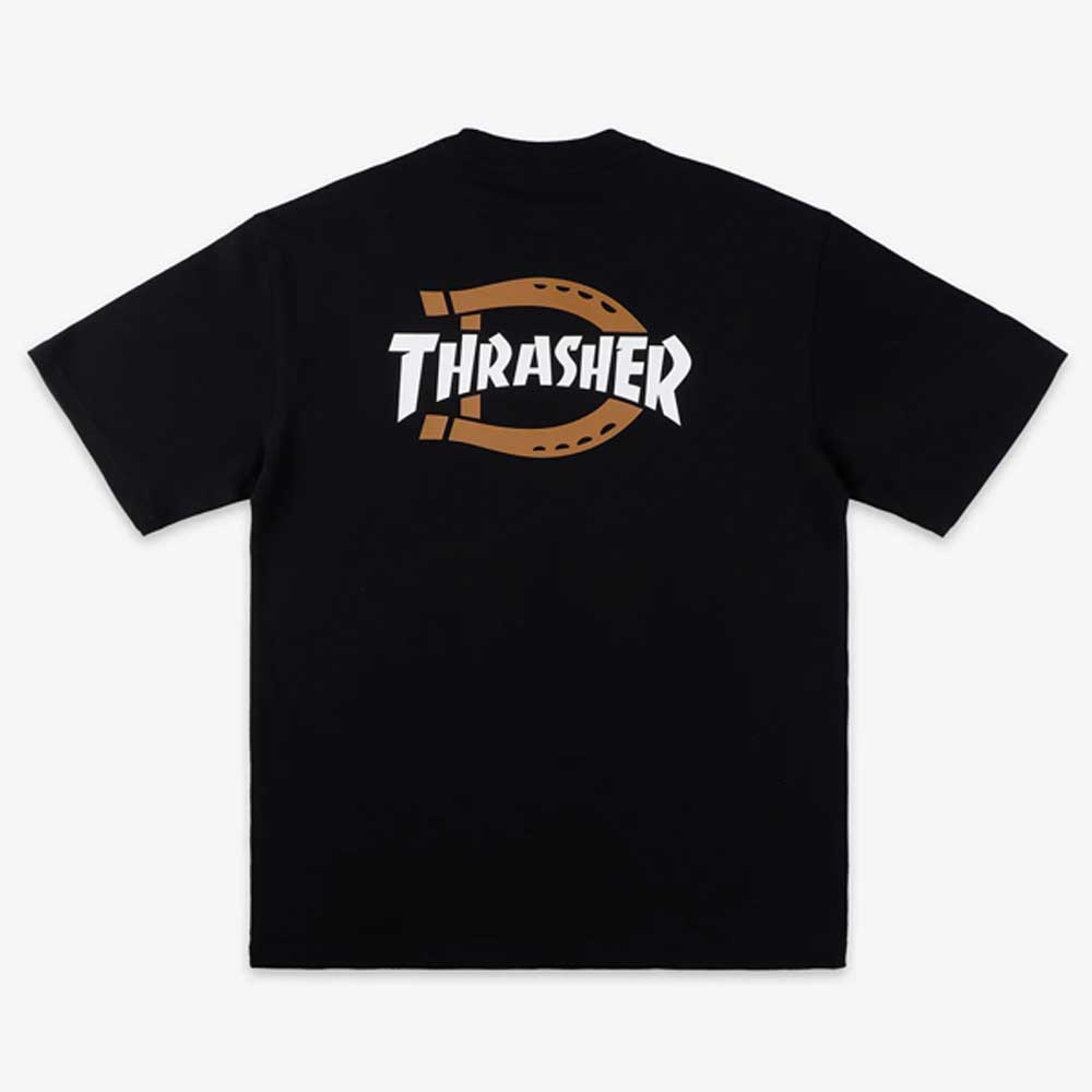 The Black Tee Thrasher Magazine x Dickies Skateboarding A88IU BLK features a relaxed fit, bold white Thrasher lettering on the back over a large brown horseshoe graphic, and is made from 100% cotton for comfort and style.