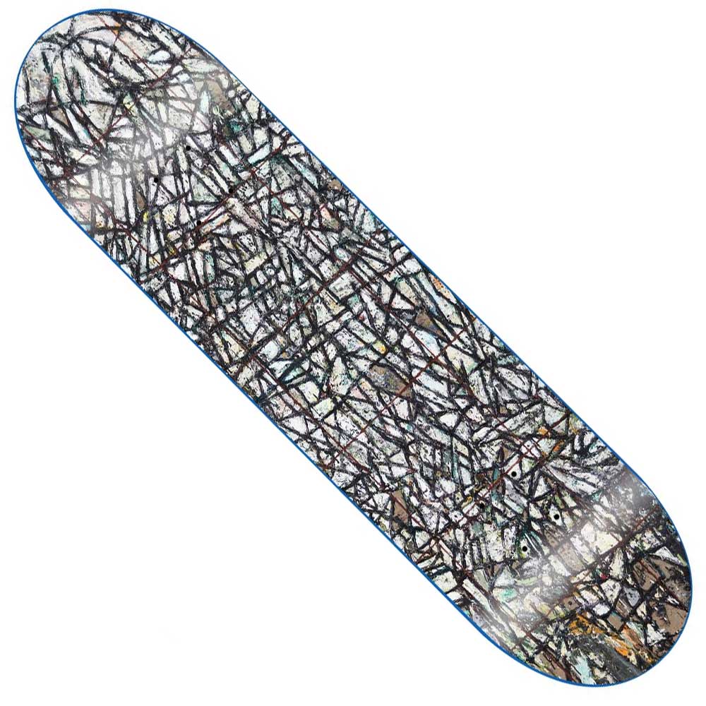 The GX1000 Black White Abstract 8.25x32.12 deck is crafted in Mexico from 100% wood, featuring a black, brown, and gray linear design on a white and light blue background.