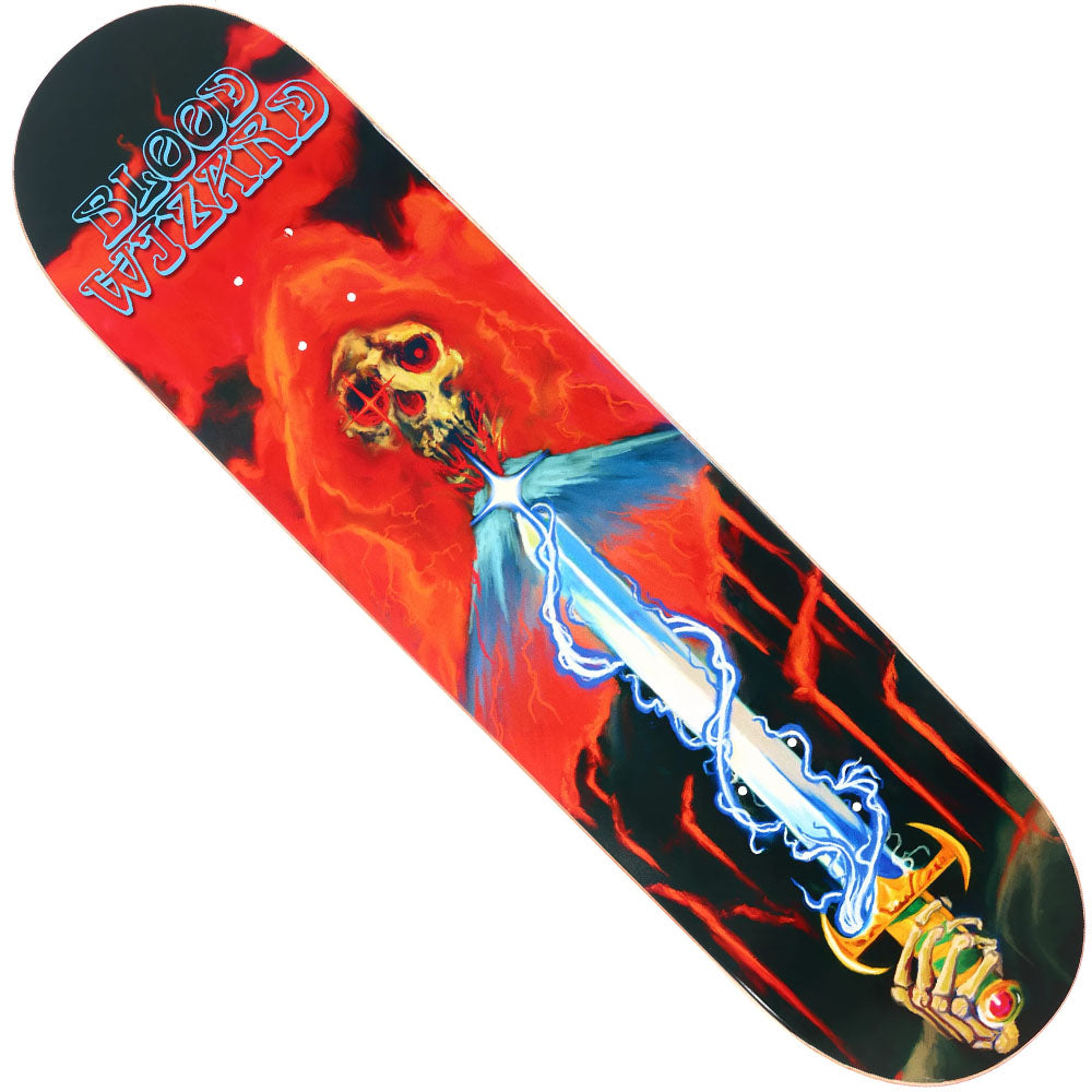 The Vulcan 8.25x31.9 Deck by Blood Wizard Skateboards showcases fiery red and orange art of a skeleton pierced by a sword, blue lightning accents, and "Blood Wizard" boldly printed at the top left.