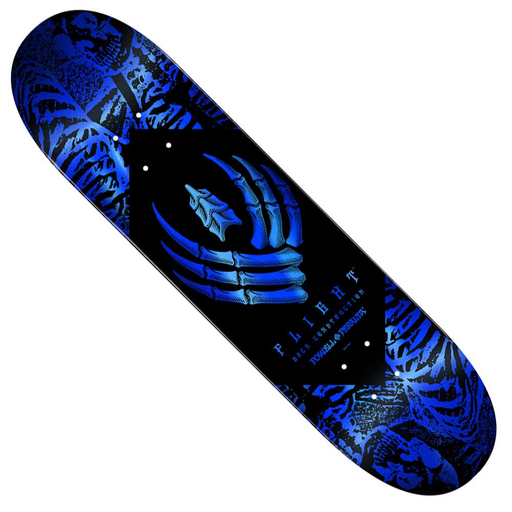 The Blue Foil Skeleton Flight Deck 8.75x32.3 by Powell Peralta features a blue skeletal hand with rib cage and bone designs, plus "FAIHET" and "ROANNE HERITAGE" printed below for lasting pop and style.