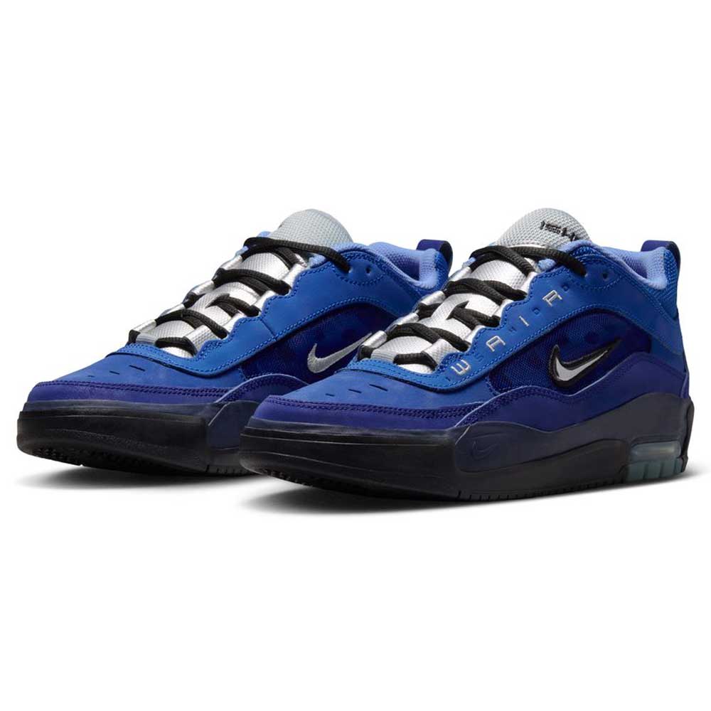 A pair of Blue Void Metallic Silver IR1887400 Air MAX Ishod Nike SB Skateboarding Shoes with white laces, Max Air cushioning, metallic silver Swoosh, and mesh tongue shown on a white background.