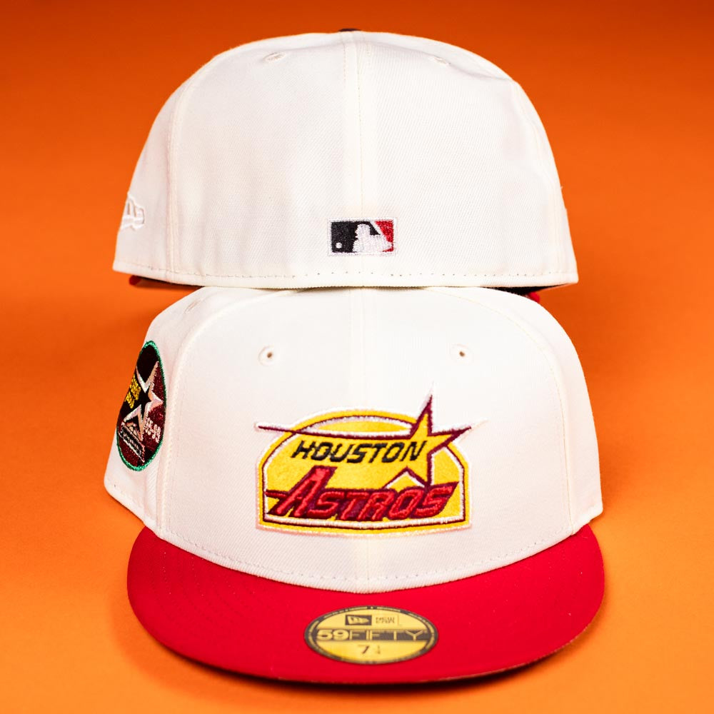 Two Poppa Burger Bo Bundy 35th Houston Astros New Era 5950 Fitted hats are displayed on an orange background. The front hat shows the Astros logo, and the back features the MLB logo, with official stickers and special patches on both.