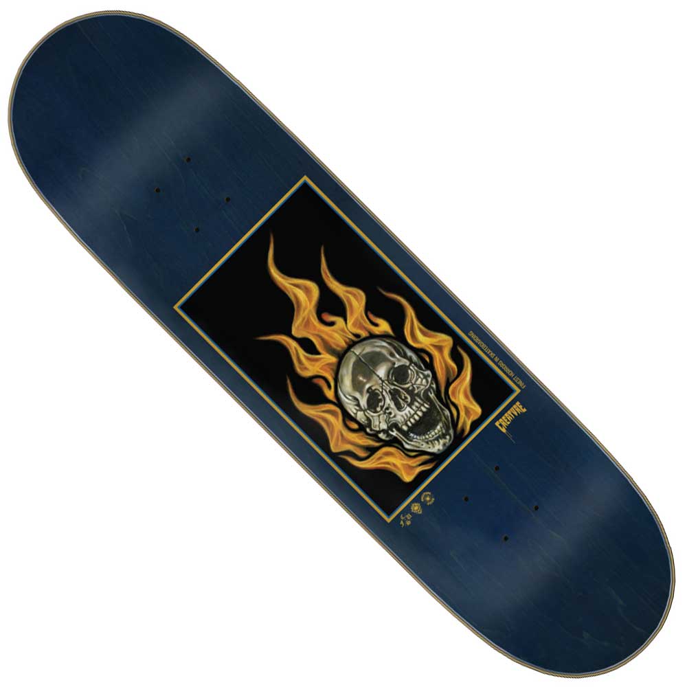 The Bonehead Eternal LG 8.5in x 32.2in Creature Skateboard Deck features a dark blue, 7-ply design with a skull and yellow-orange flames graphic, bordered by a gold rectangle at the center.