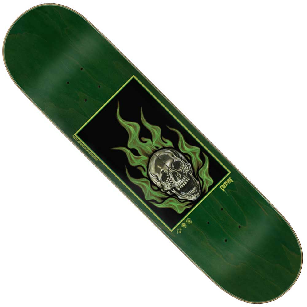 The Bonehead Eternal SM 8in x 31.8in Creature Skateboard Deck features a silver skull with green flames on a black background. Made from durable 7-ply birch, it's perfect for all skill levels.