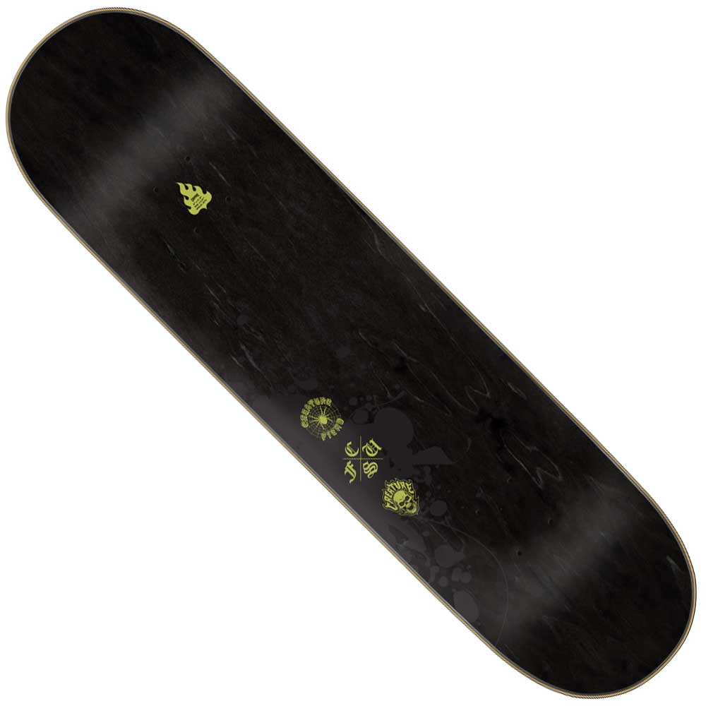 The Bonehead Eternal SM 8in x 31.8in Creature Skateboard Deck is a black 7-ply deck featuring small yellow-green graphics, including Creature Bonehead Eternal symbols and minimalist abstract designs at the center and bottom.