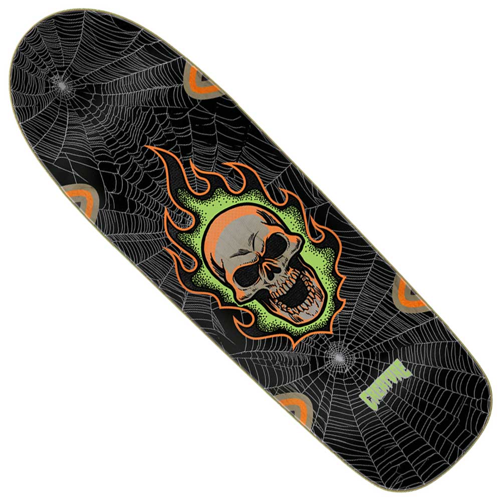Introducing the Bonehead Webbed Team 9.00in x 31.68in Creature Deck, featuring a black background with striking spider webs and a bold flaming skull illustration at the center. Vibrant orange and green accents highlight this deck’s design, inspired by the iconic Creature Bonehead aesthetic, and crafted from durable 7-ply North American maple for serious skateboarding performance.