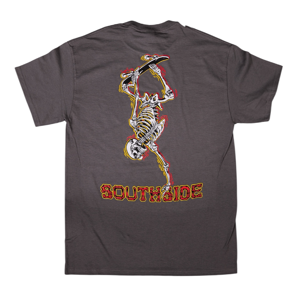The Bones Pack Ben Raybourn Charcoal Southside Skatepark Tee features a skeleton breakdancing and bold red/yellow “SOUTHSIDE” text, crafted from premium USA cotton for comfort and style.