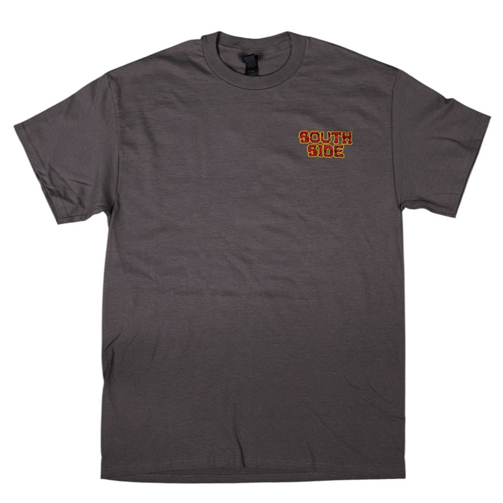 The Bones Pack Ben Raybourn Charcoal Southside Skatepark Tee is a dark gray USA cotton short-sleeve shirt featuring "SOUTH SIDE" in large outlined yellow and red letters on the upper left chest, inspired by classic Southside Skatepark tees.