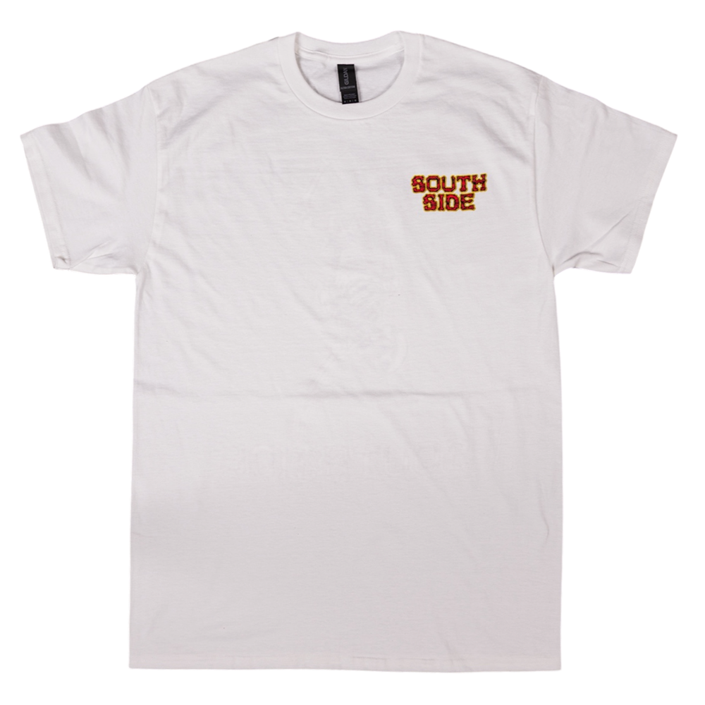 The Bones Pack Ben Raybourn White Southside Skatepark Tee is a plain white USA cotton T-shirt featuring a small red and yellow SOUTH SIDE text on the upper left chest, inspired by the classic Southside Skatepark tee.