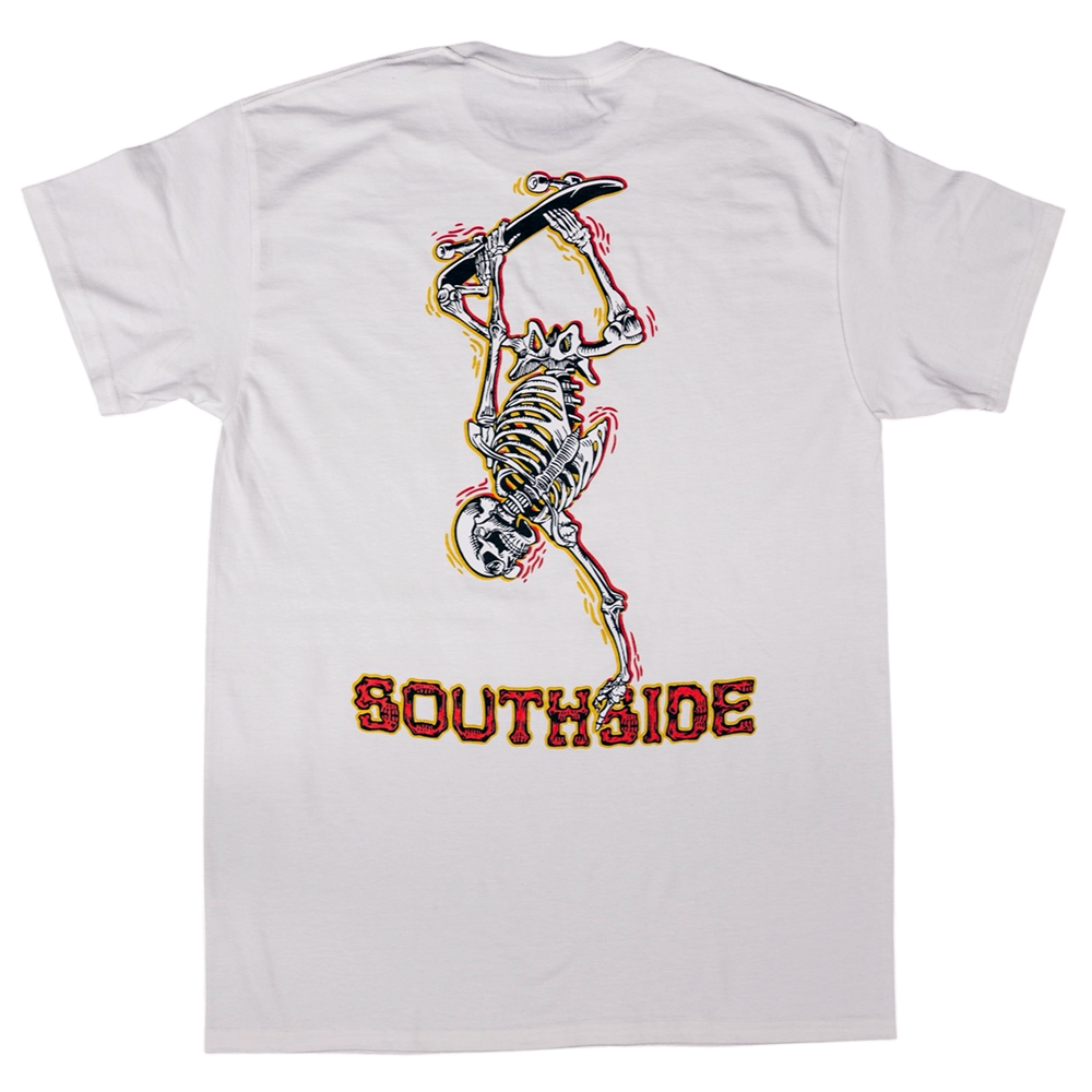 The Bones Pack Ben Raybourn White Southside Skatepark Tee features a large skeleton graphic hanging upside down from a scythe and bold SOUTHSIDE text in red and yellow outline near the bottom. Made with white USA cotton.