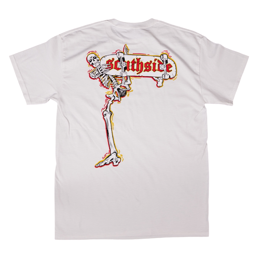 The Bones Pack Zach Castillo White Southside Skatepark Tee features a skeleton leaning against a vibrant "southside" sign graphic on the back, crafted from soft, sustainable cotton for bold, eco-friendly style and comfort.