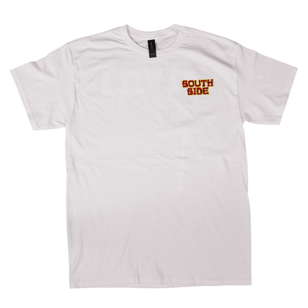 The Bones Pack Zach Castillo White Southside Skatepark Tee is a sustainable cotton shirt with "SOUTH SIDE" embroidered in red and gold on the upper left chest, shown laid flat on a white background.