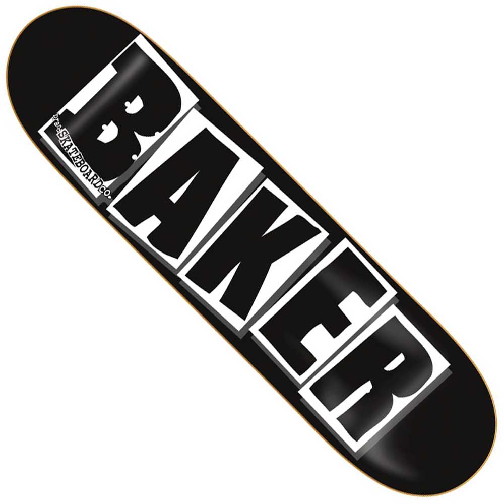 The Brand Logo 8.47x31.9 Black White Baker Skateboard Deck showcases the bold BAKER text on a classic black and white background, ideal for fans of timeless skate style.