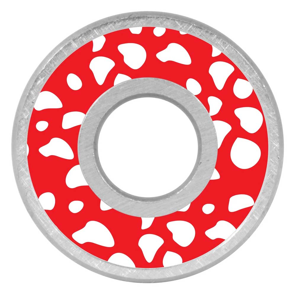 A metal ring with a red inner band and irregular white spots, resembling cartoonish cheese or animal print—perfect for skateboard bearings like the Bronson Speed Co. Skateboard Bearings Erick Winkowski Pro G3.