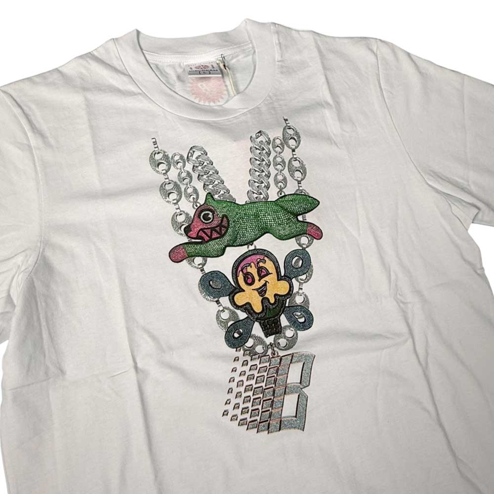 The Bronze 56K x Ice Cream 56 Carats Tee White features colorful cartoon faces and a green creature, all as pendants on oversized silver chains, with the number 8 displayed at the bottom.