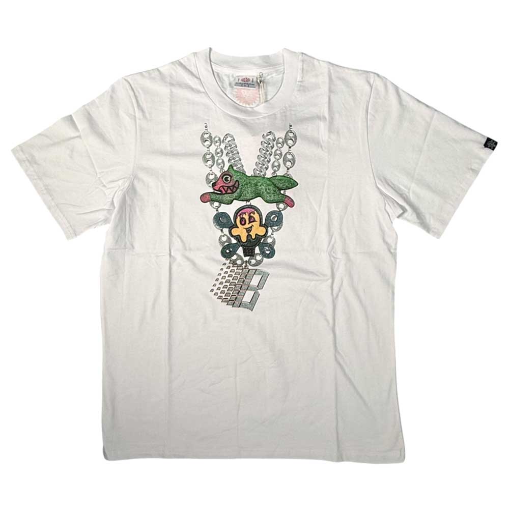 The Bronze 56K x Ice Cream 56 Carats Tee White features a vibrant graphic of layered chains, dice, a star, and green and red accents on the front—ideal for bold style fans.
