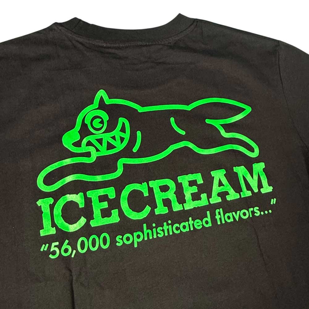 The Bronze 56K x Ice Cream 56,000 Flavors Tee Black showcases a bright green, cartoon leaping cat with a big grin above “ICECREAM” and “56,000 sophisticated flavors...” in bold green—a playful nod to Bronze 56K.
